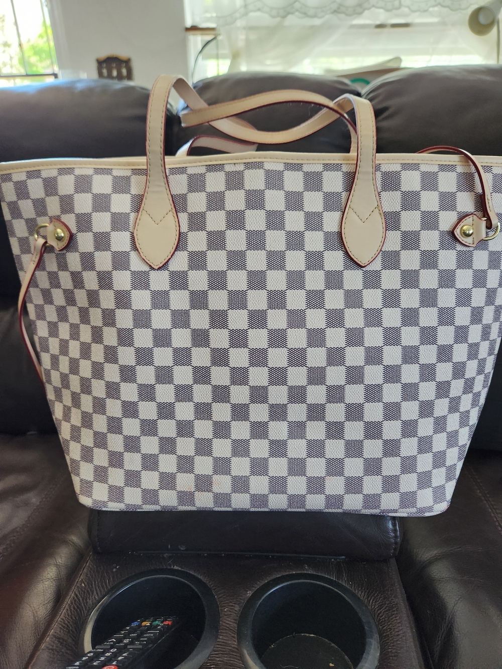 Checked Cream and Gray Tote Handbag with Cream Trim